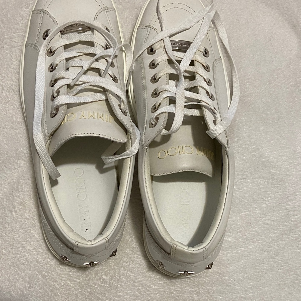 Jimmy Choo Off-White Leather Low-Top Sneakers with Silver Accents - Picture 4 of 11